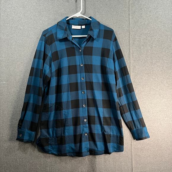 Belle by Kim Gravel Buffalo Check Brushed Knit Shirt Jacket Blue Medium - Picture 1 of 10